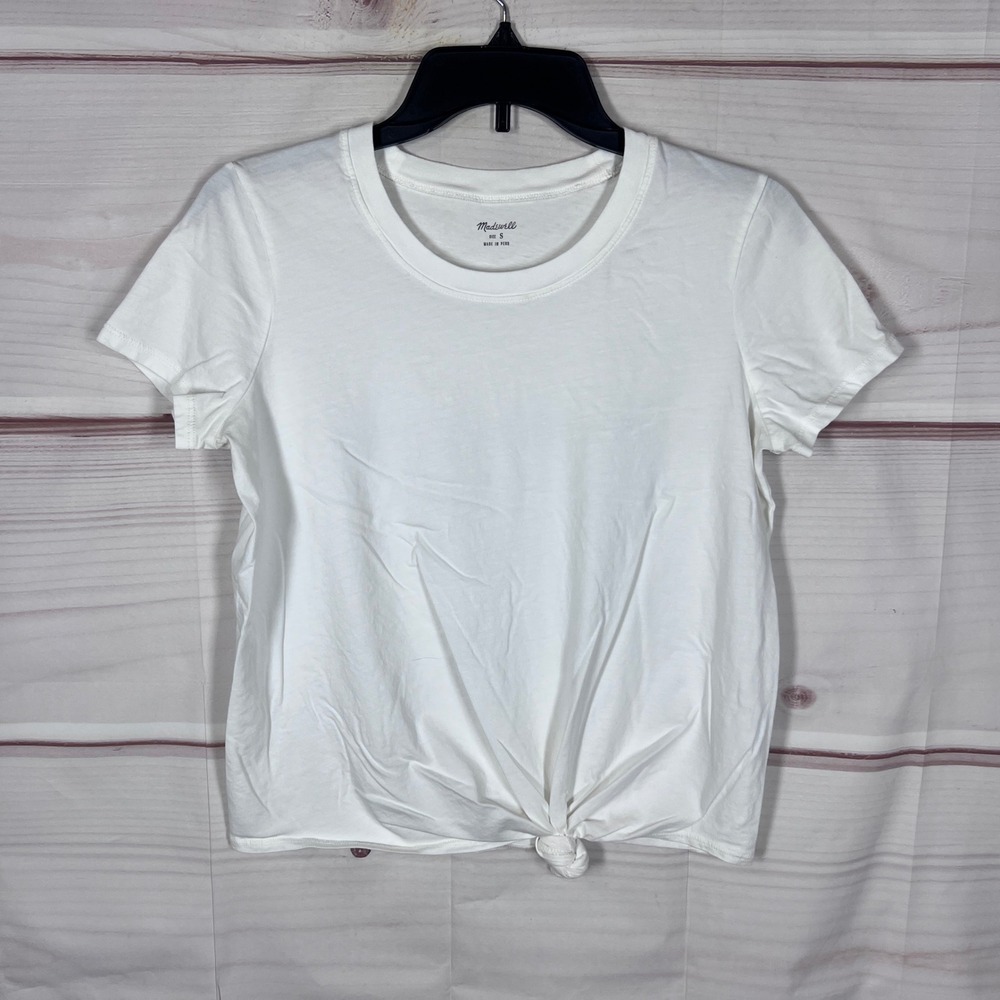 Madewell T-Shirt Women Small White Front Knot Short Sleeve Top Crew Neck Cotton